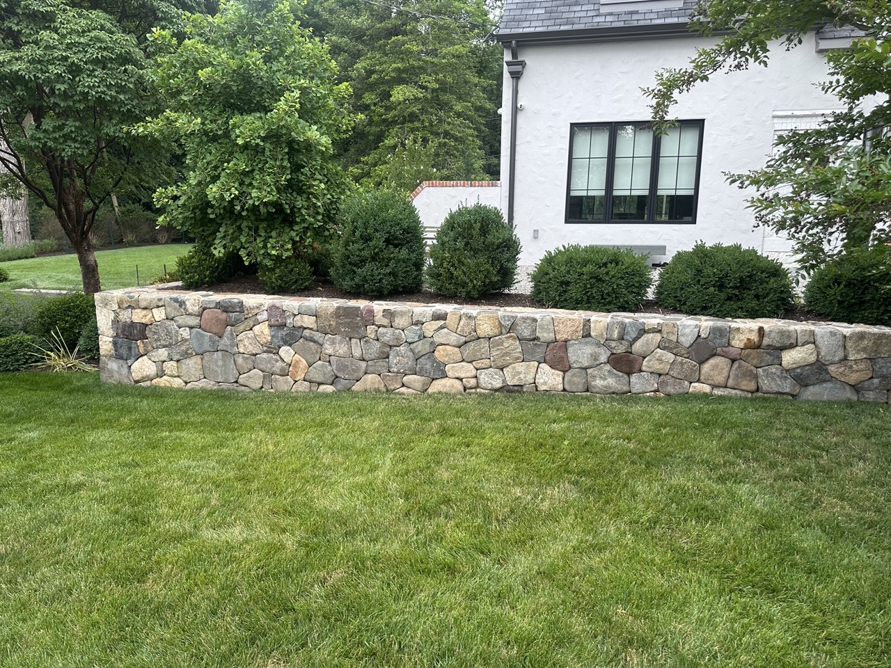 Fieldstone retaining wall with manicured boxwood planting bed
